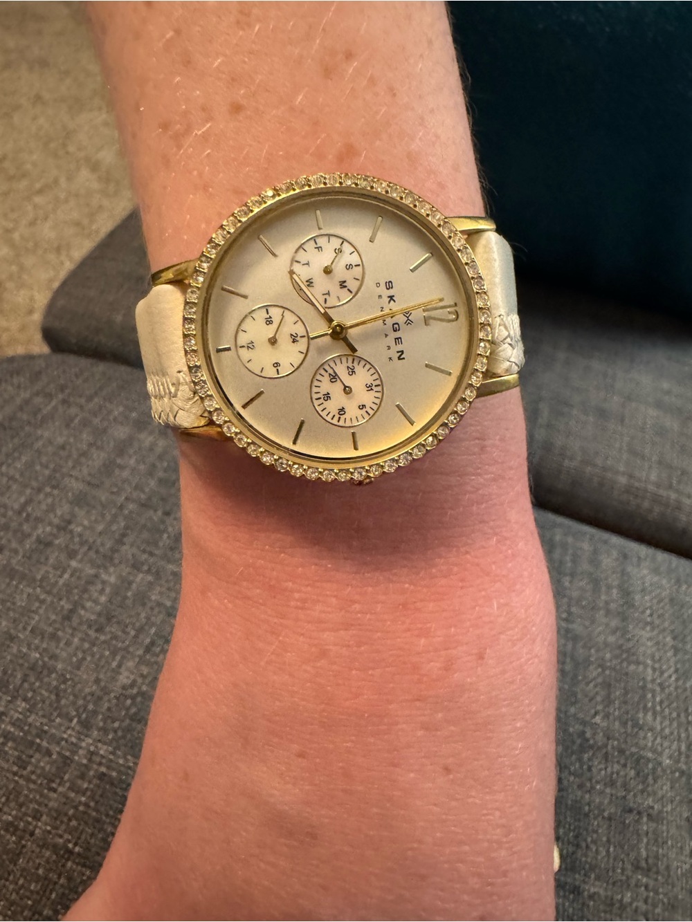 Skagen Gold-Tone Watch with Light Cream Strap